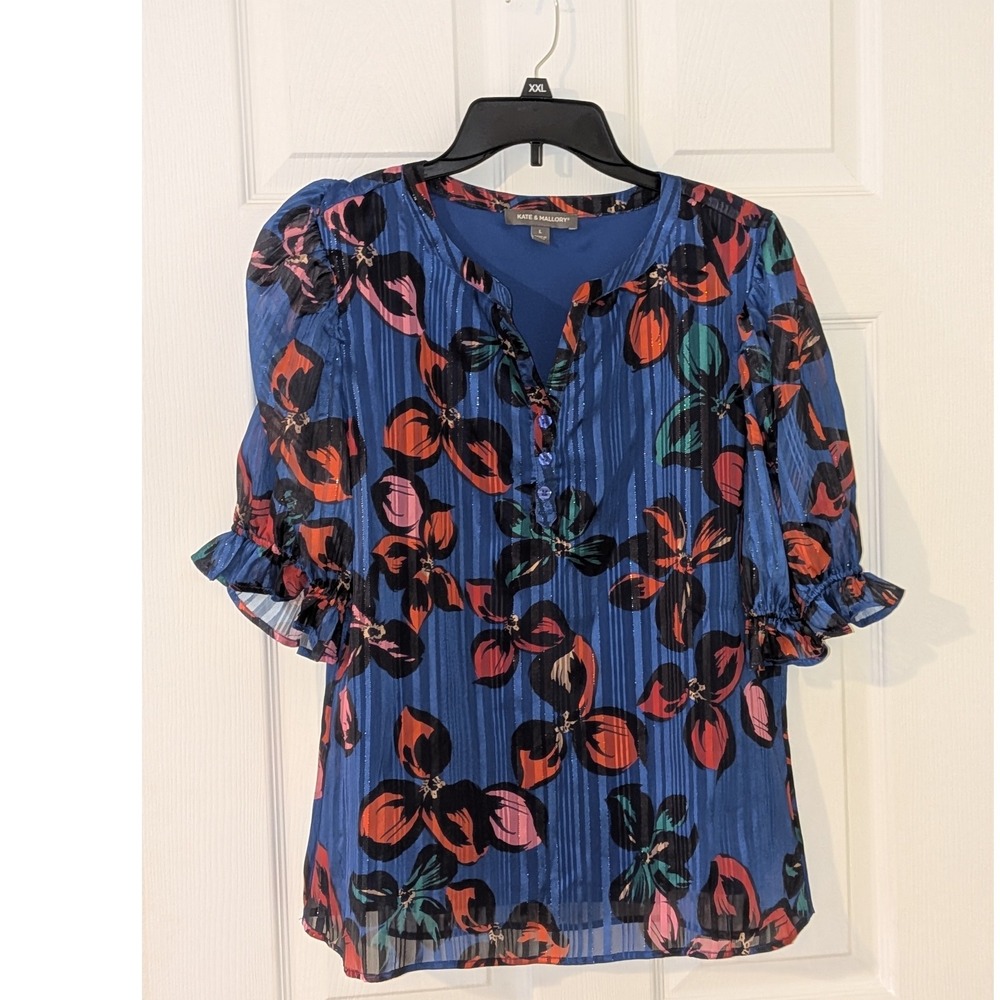 Kate & Mallory Women's Floral Blouse V neck‎ Button 3/4 Sleeve Blue Size L NWOT
